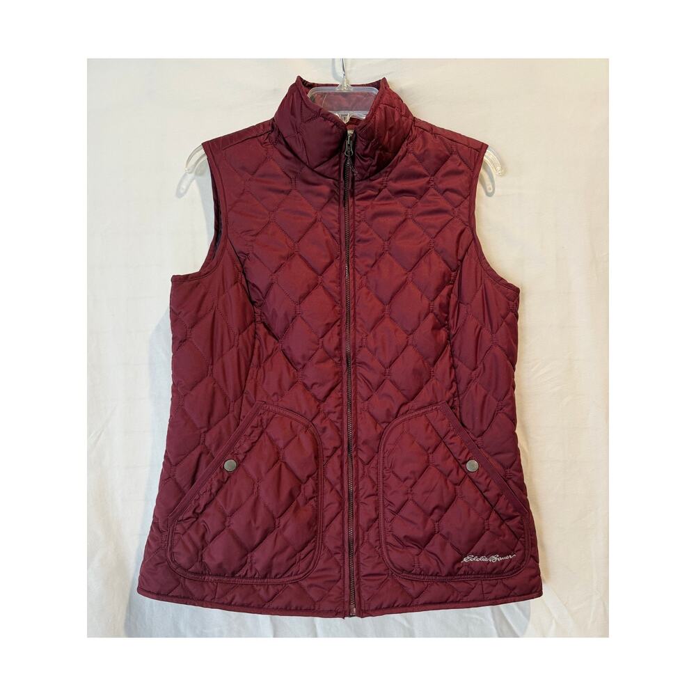 Women's Eddie Bauer Quilted Vest Medium Maroon Red Burgandy Front zip pockets